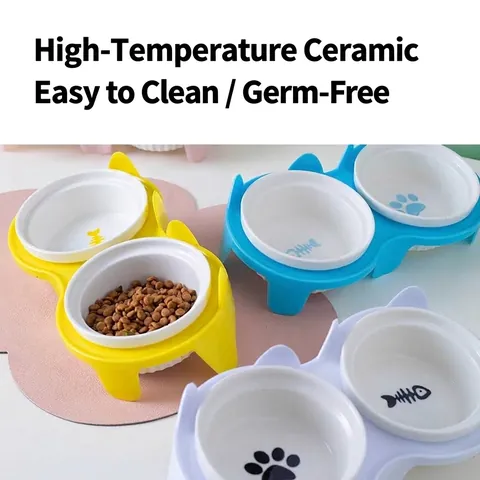 Ciotole per Gatti in Ceramica Rialzate Ciotola Doppia Inclinata per Protezione Cervicale Piatti per Alimentazione Animali Con Supporto Antiscivolo