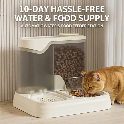 Distributeur Automatique 2-en-1 de Nourriture et d'Eau pour Animaux de Compagnie par Gravité Avec Bol en Acier Inoxydable et Céramique pour Chats et Petits Chiens