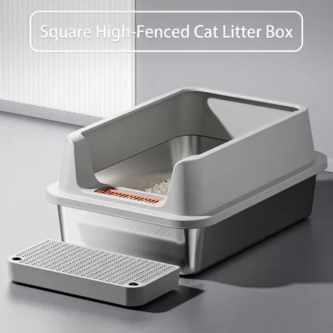 Extra Large Stainless Steel Cat Litter Box Semi-Enclosed High-Sided Anti-Splashing Litter Tray With Trapping Pedal Easy Clean