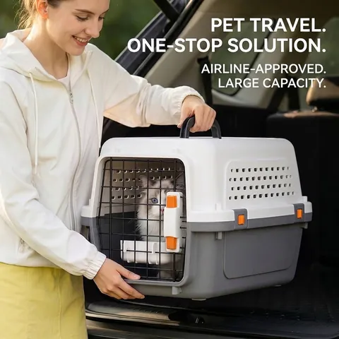 Transportín Portátil para Mascotas Aprobado por Aerolíneas Caja de Aviación Rígida para Gatos Perros Puerta de Metal Ventilada Jaula de Viaje