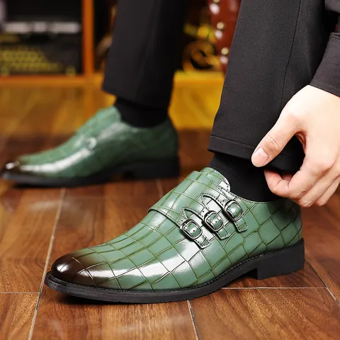 Herren Business Casual PU Leder Mönchsschuhe Krokodilmuster Spitze Zehen Dreifach Schnalle Brüniert Farbverlauf Formelle Abendschuhe