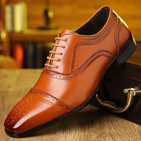 Men Business PU Leather Brogue Shoes British Style Colorblock Perforated Carving Lace-up Formal Oxford Dress Shoes For Men