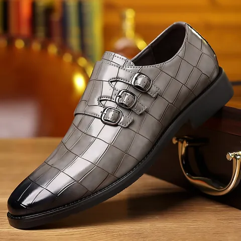 Herren Business Casual PU Leder Mönchsschuhe Krokodilmuster Spitze Zehen Dreifach Schnalle Brüniert Farbverlauf Formelle Abendschuhe