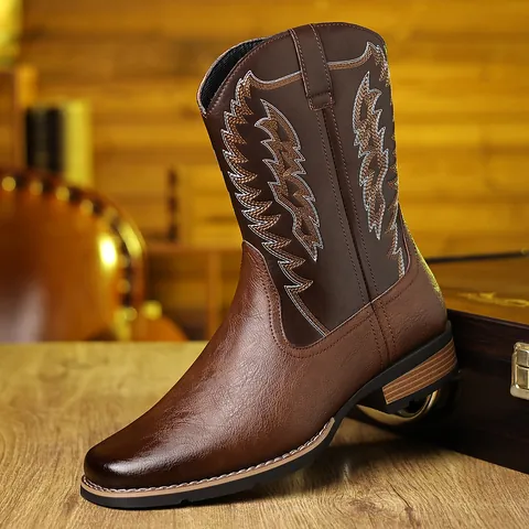 Men's Western Cowboy Boots Embroidered High Tube Retro Vintage Motorcycle Riding Knight Boots Pointed Toe Microfiber Leather