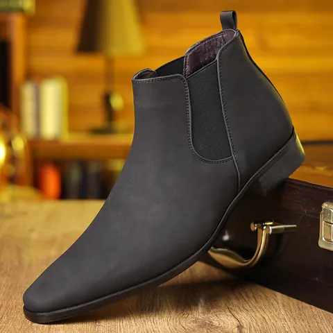 Bottines Chelsea Homme Bout Pointu Sans Lacets Chaussures en Simili Cuir Décontracté Business Couleur Unie Style Britannique
