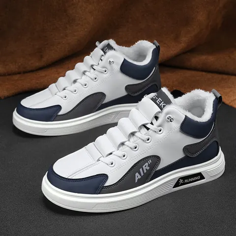 Sneaker da Uomo Invernali High Top Foderate in Pile Scarpe Bianche Casual Calde Scarpe da Skate Sportive Stringate Fashion Color Block