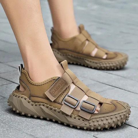 Men Split Leather Outdoor Casual Beach Sandals Breathable Closed Toe Hollow Out Summer Trendy Flat Walking Shoes For Youth