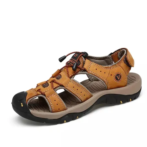Men's Outdoor Closed Toe Sandals Split Leather Summer Breathable Beach Shoes Casual Non-Slip Fisherman Sandal Water Shoes