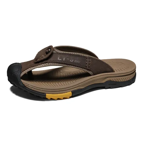 Men Top Layer Cowhide Closed Toe Flip Flops Casual Outdoor Anti-Slip Leather Sandals Large Size Beach Shoes For Men