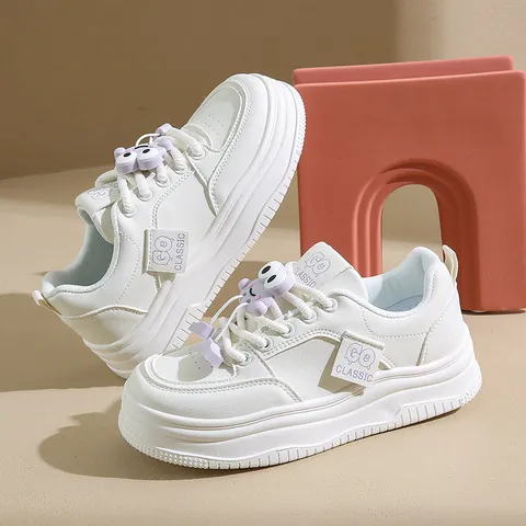Women's Cute Cartoon Charm Platform Sneakers Synthetic Leather Thick Sole White Shoes Casual Streetwear Skate Shoes