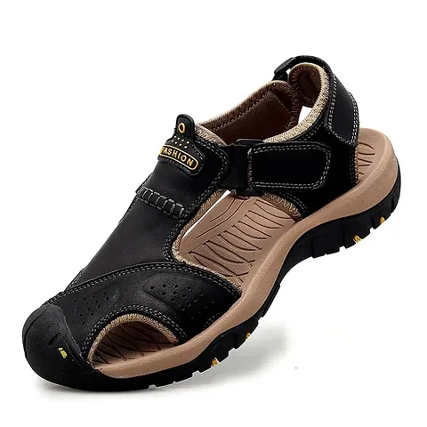 Men Outdoor Closed Toe Beach Sandals Top Layer Cowhide Leather Breathable Anti-Slip Thick Sole Hiking Shoes Water Sandals