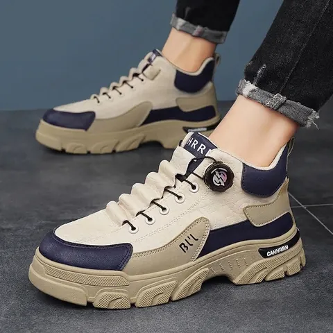 Men Winter Warm Martin Boots Outdoor Work Boots Fleece Lined High Top Spliced Leather Boots With Rotating Buckle