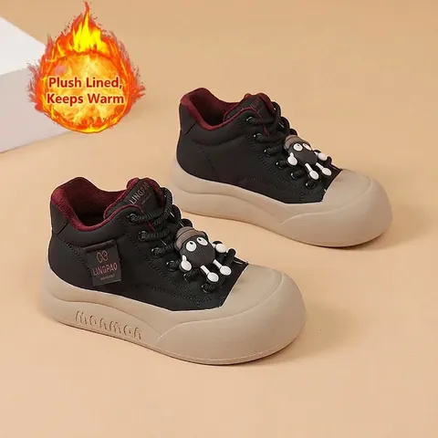 Women's Chunky Platform Bread Sneakers Ugly Cute Thick Sole Casual Board Shoes With Cartoon Charms Winter Fleece Lined Shoes