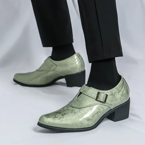 Men's Pointed Toe Patent Leather Dress Shoes Elevator High Heel Monk Strap Floral Embossed Formal Shoes for Wedding Party