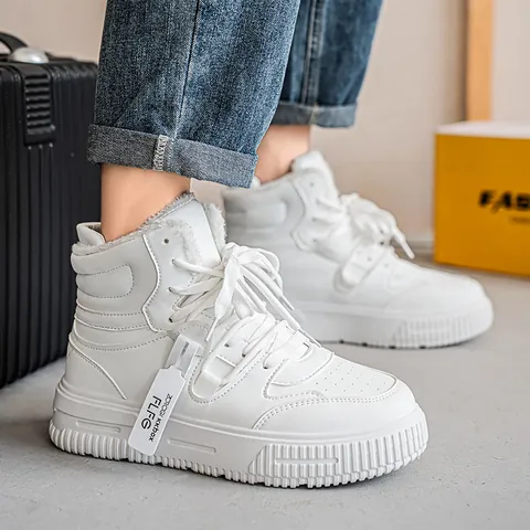 Scarpe Alte in Cotone Invernali per Uomo Donna Sneakers Plateau Suola Spessa Foderate in Pile Caldo Bianche Scarpe da Board Casual Unisex Calzature di Tendenza