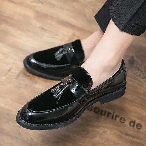 Men's Business Casual Patent Leather Tassel Loafers British Style Slip-on Height Increasing Formal Wedding Shoes