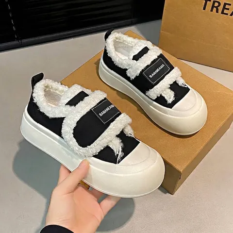 Women Winter Platform Bread Shoes Thickened Fleece Lined Hook and Loop Warm Casual Fashion High Top Board Shoes Outdoor
