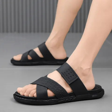 Men Casual Outdoor Sandals Breathable Summer Beach Slides Non-slip Leather Cross Strap Fashion Slippers Plus Size Comfort Sandals