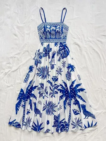 Women Summer Vacation Blue And White Print Smocked Cami Dress Tropical Pineapple Floral Backless High Waist Midi A-Line Dress