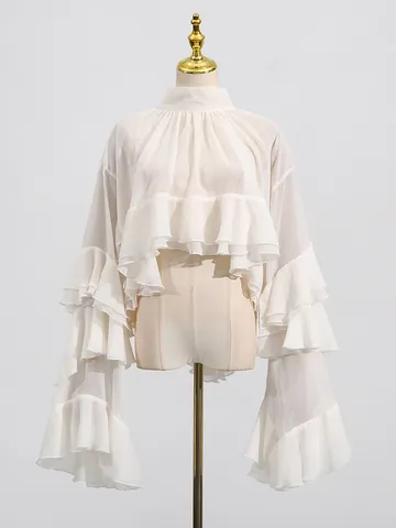 Elegant Patchwork Polyester Blouse Top Met Ruffle Mouw Strik Lange Mouw Halfhoge Kraag Casual Dames Overhemd