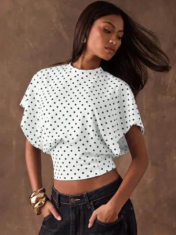 French Vintage Polka Dot Crop Top For Women Batwing Sleeve Slim Waist Printed Polyester Short Blouse Fashion Female Top