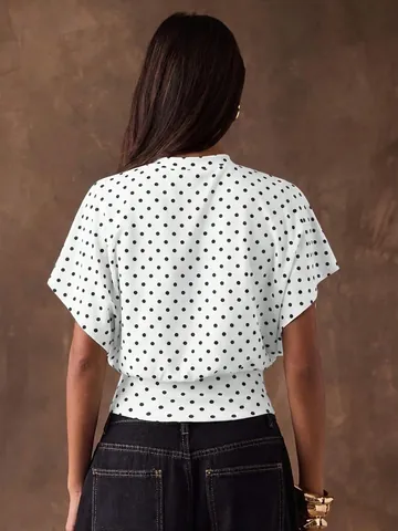 French Vintage Polka Dot Crop Top For Women Batwing Sleeve Slim Waist Printed Polyester Short Blouse Fashion Female Top