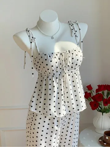 Top de Camisola de Lunares para Mujer y Pantalones de Pierna Ancha Conjuntos de Verano Dulces de Poliéster Traje Casual