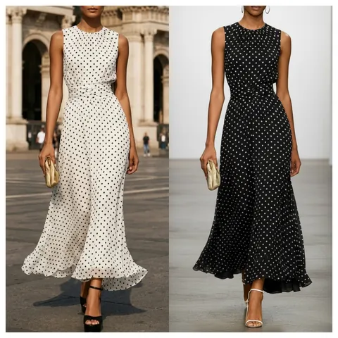 Women's French Vintage Polka Dot Sleeveless Dress Elegant High Waist A-Line Maxi Dress Casual Summer Long Dress