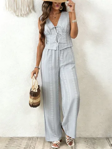 Damen Boho Polyester Top Und Bottom Ärmellos V-Ausschnitt Schnürweste Und Hohe Taille Gerade Weite Hose Lässig Urlaubsoutfit
