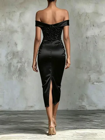 Sequin Patchwork Off-The-Shoulder Satin Bodycon Midi Dress For Women Elegant Evening Party Gown Sleeveless Tube Top Ruched Slim Fit Dress