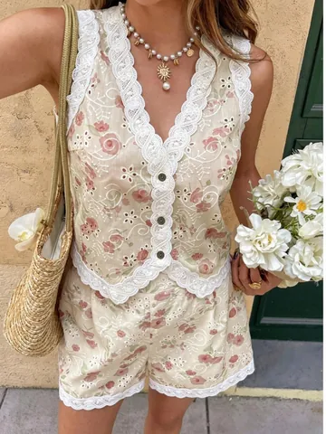 Dames Bloemen Geborduurde Vest En Shorts Top En Broek Casual V-hals Mouwloos Polyester Zomer Strand Outfit