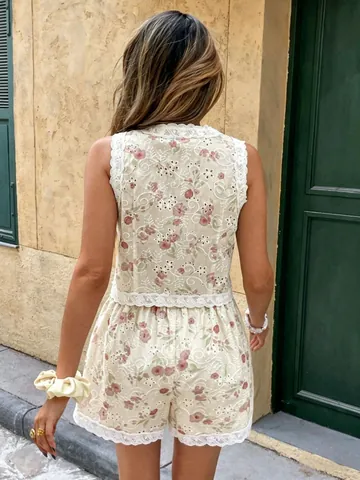 Dames Bloemen Geborduurde Vest En Shorts Top En Broek Casual V-hals Mouwloos Polyester Zomer Strand Outfit