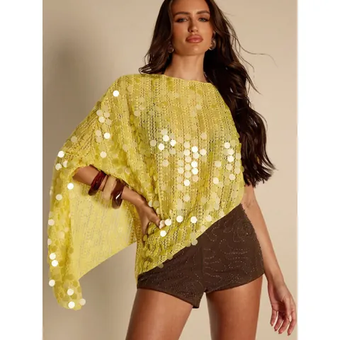 Damen Pailletten Ausschnitt Poncho Top Polyester Unregelmäßiger Saum Lose Cover Up Für Party Urlaub Elegante Kleidung