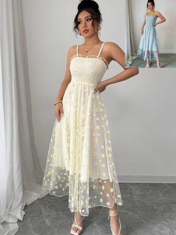 French Vintage Daisy Print Mesh Smocked Midi Dress Spaghetti Strap A-Line Sleeveless Dress For Women Casual Summer Beach