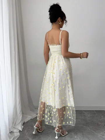 French Vintage Daisy Print Mesh Smocked Midi Dress Spaghetti Strap A-Line Sleeveless Dress For Women Casual Summer Beach