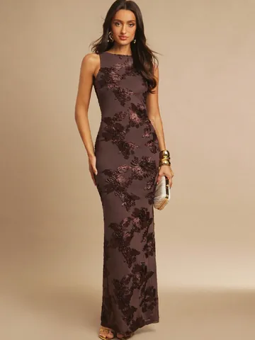 Women 3D Floral Embroidery Slim Fit Bodycon Maxi Dress Sleeveless Round Neck Elegant Evening Party Banquet Gown
