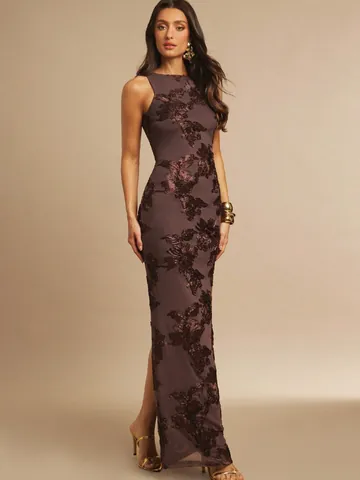 Women 3D Floral Embroidery Slim Fit Bodycon Maxi Dress Sleeveless Round Neck Elegant Evening Party Banquet Gown