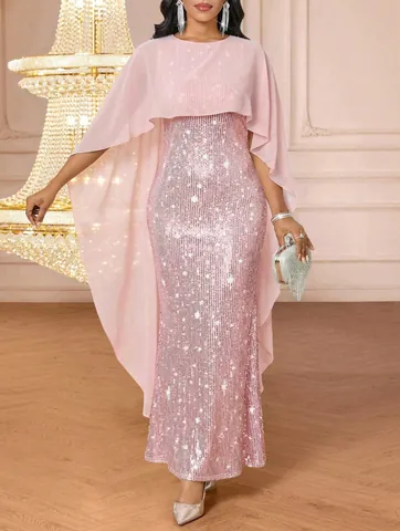 Women Elegant Sequin Evening Gown Sleeveless Slim Fit Lace Shawl Maxi Dress For Formal Banquet Wedding Party Special Occasion