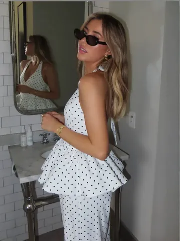 Women's Polka Dot Halter Backless V-Neck Peplum Top And High Waist Wide Leg Pants Sexy Vacation Casual Clothing Outfits