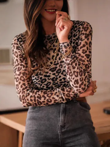 Women Mock Neck Mesh Sheer Floral Leopard Print Long Sleeve T-Shirt Slim Fit Elegant Basic Mesh Undershirt Top For Daily