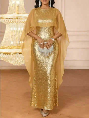Women Elegant Sequin Evening Gown Sleeveless Slim Fit Lace Shawl Maxi Dress For Formal Banquet Wedding Party Special Occasion