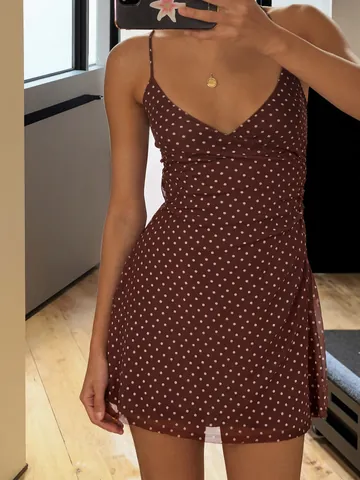 Women Sexy Polka Dot Mini Dress Sleeveless Polyester Spandex Bodycon Cami Dress Summer Casual V-Neck Slim Fit Vacation Short Sun Dress