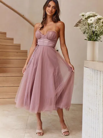 Women Sexy Spaghetti Strap Corset Mesh Midi Dress Layered Tulle Summer Vacation Party Dress Solid Color Bodycon A-Line Robe
