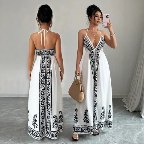 Women Sexy Halter Deep V Neck Maxi Dress Bohemian Ethnic Position Print Backless Summer Beach Party Long Dress