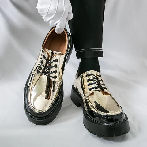 Men's Business Formal Leather Shoes Patent PU Shiny Metallic Dress Shoes For Wedding Party Office Large Size Derby Shoes