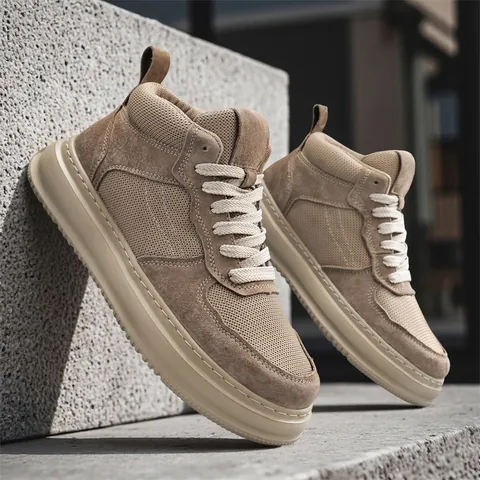Men Retro Mid Top Sneakers Breathable Mesh PU Patchwork Casual Board Shoes Flat Lace Up Non Slip Outdoor Fashion Walking Shoes