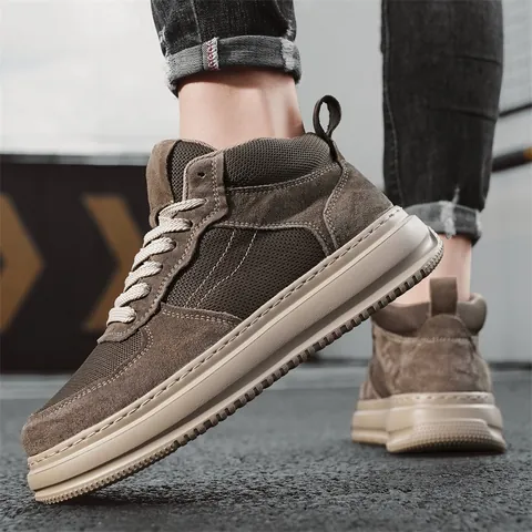Men Retro Mid Top Sneakers Breathable Mesh PU Patchwork Casual Board Shoes Flat Lace Up Non Slip Outdoor Fashion Walking Shoes