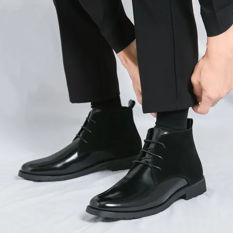 Stivali Chelsea da Uomo in Pelle PU Splicing High Top Stringati Business Casual Stivaletti Martin Autunno Scarpe Resistenti all'Usura