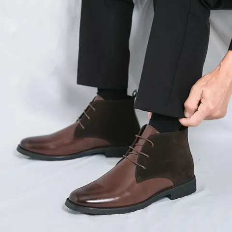 Stivali Chelsea da Uomo in Pelle PU Splicing High Top Stringati Business Casual Stivaletti Martin Autunno Scarpe Resistenti all'Usura
