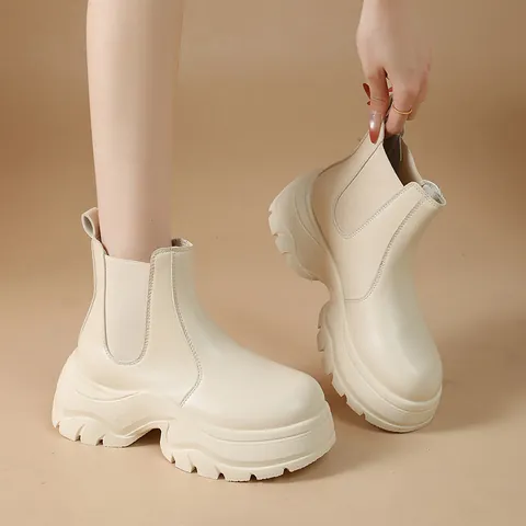 Women British Style Chelsea Martin Boots PU Leather Thick Sole Platform Front Zipper Round Toe Autumn Winter Casual Fashion Ladies Short Boots